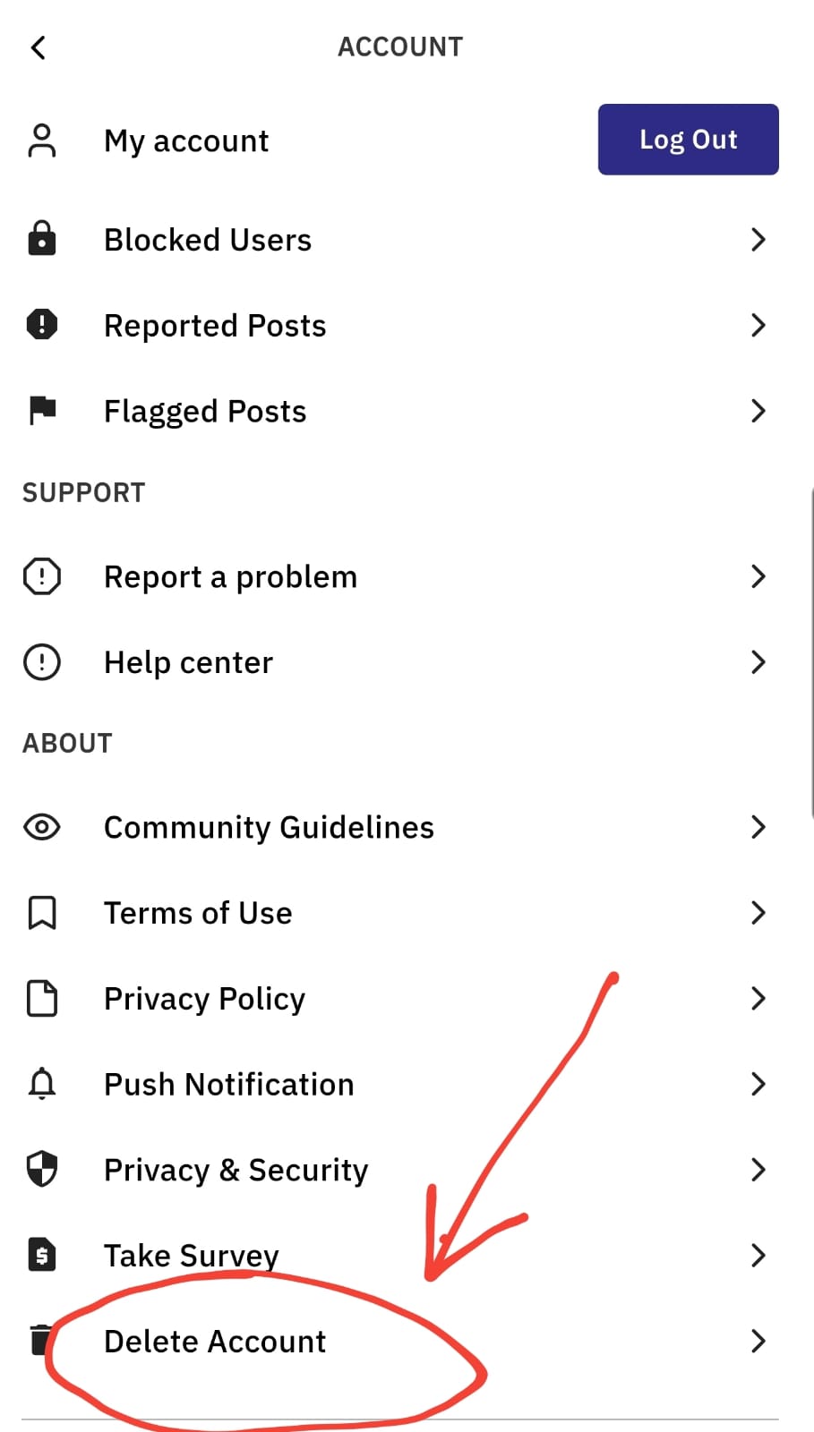 Delete Account Menu screenshot
